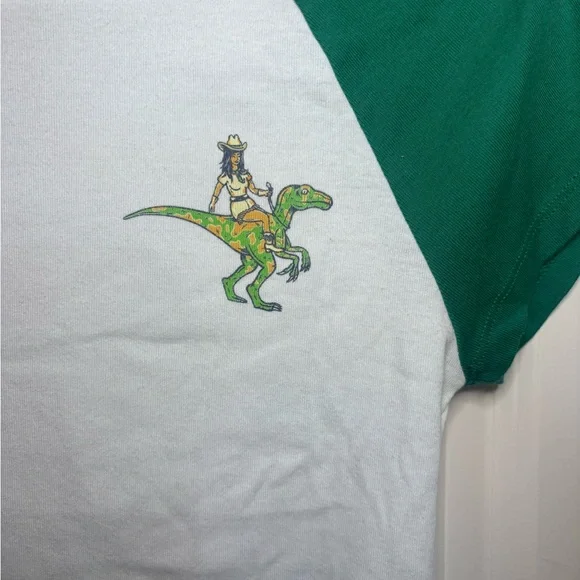 Desert Wild Green and White Dinosaur Cowgirl Raglan Tee Size L - Picture 2 of 5